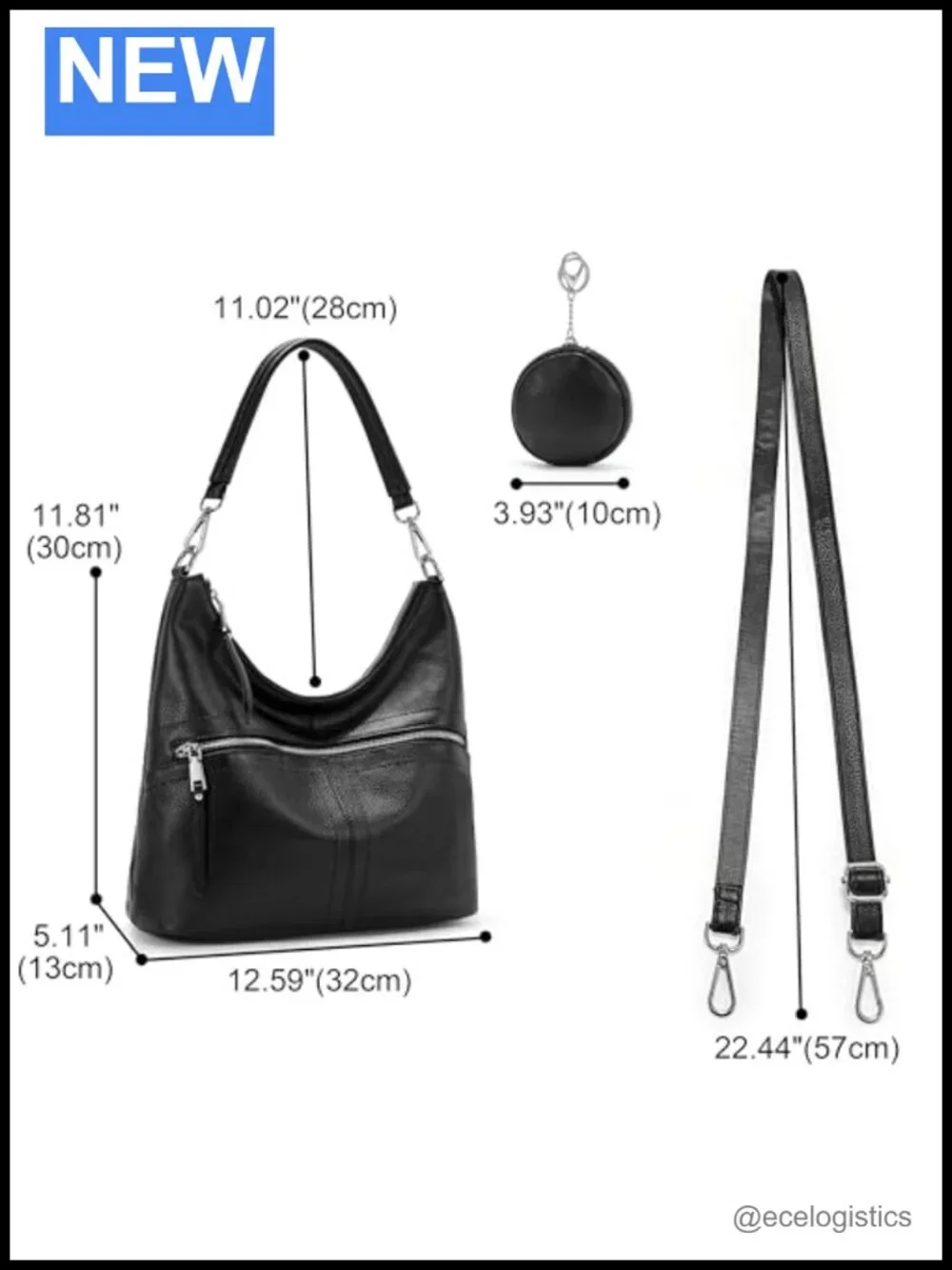 Genuine Leather Pebbled Hobo Handbag Shoulder Crossbody Bag Silver Hardware